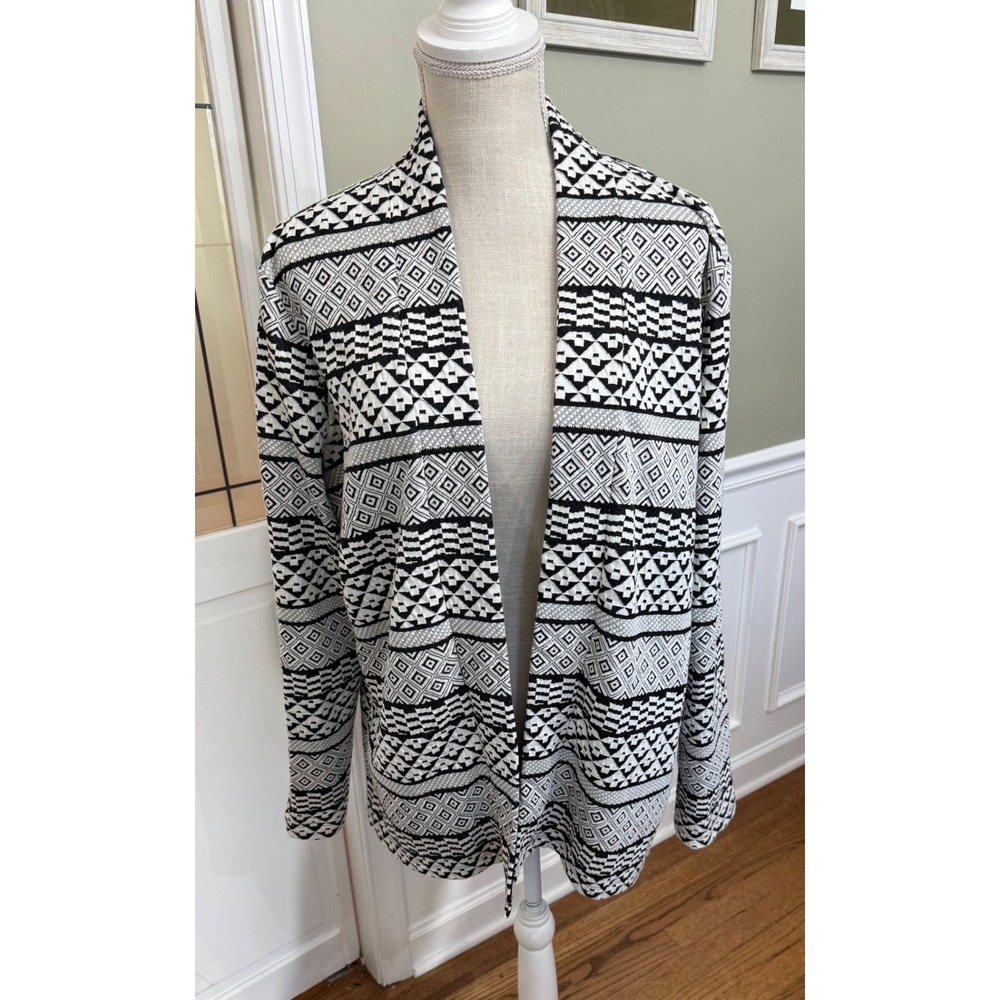 Kim Rogers Womens XL Black Ivory Geometric Open Front Knit Cardigan New